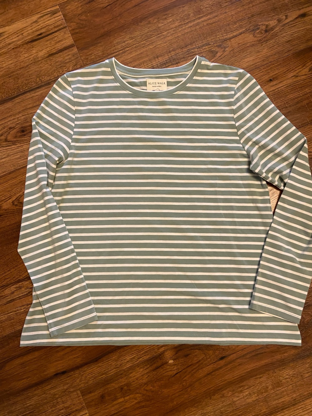 Alice Walk Long Sleeve Tee Sage Green White Striped Crew Neck Peru Nautical Med